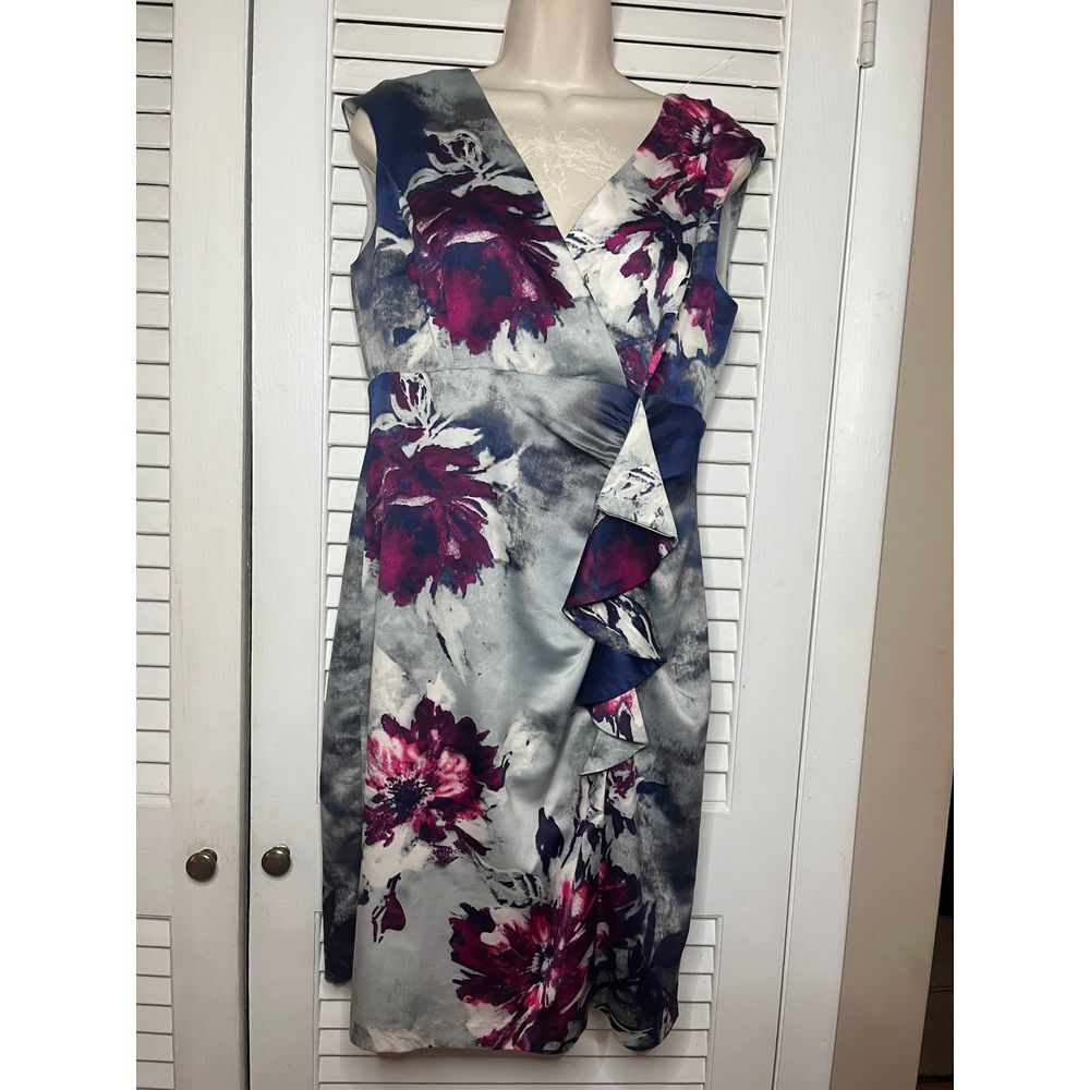 Donna Ricco Elegant Floral  Dress  Ruffle Detail  Grey Burgundy Watercolor Print